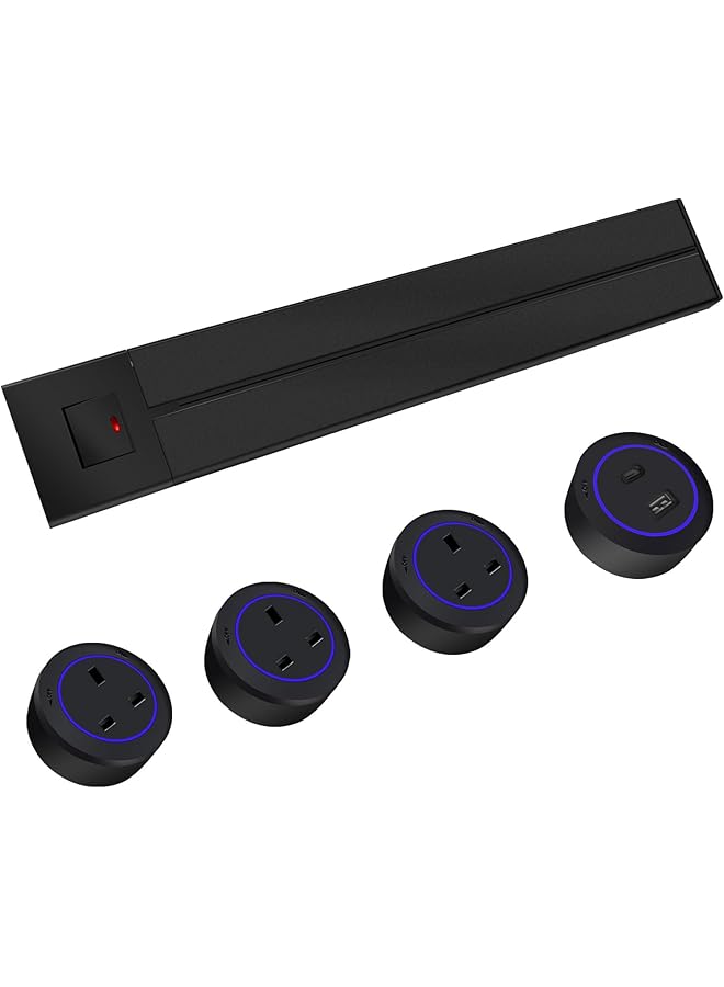 The Bros شريط مخرج الطاقة، شريط الطاقة مع تحكم في المفتاح، مسار 50 سم مع 3 محولات مخرج AC المملكة المتحدة، طاقة 8000 واط 32 أمبير منفذ شحن USB-C، مناسب للمطبخ، غرفة المعيشة، الدراسة، المكتب (أسود) - Image 1