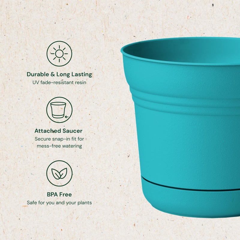 Bloem Saturn 7" Bermuda Teal Round Resin Planter Pot with Snap-in Saucer for Indoor and Outdoor Gardening - Image 3