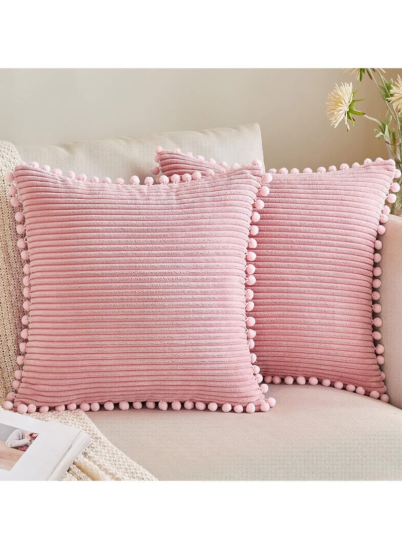 2 Pink Boho Decorative Pillowcases with Pom Pom Pillowcases 18x18 Corduroy Cushion Shells Cute Soft Square Pillow - Image 1