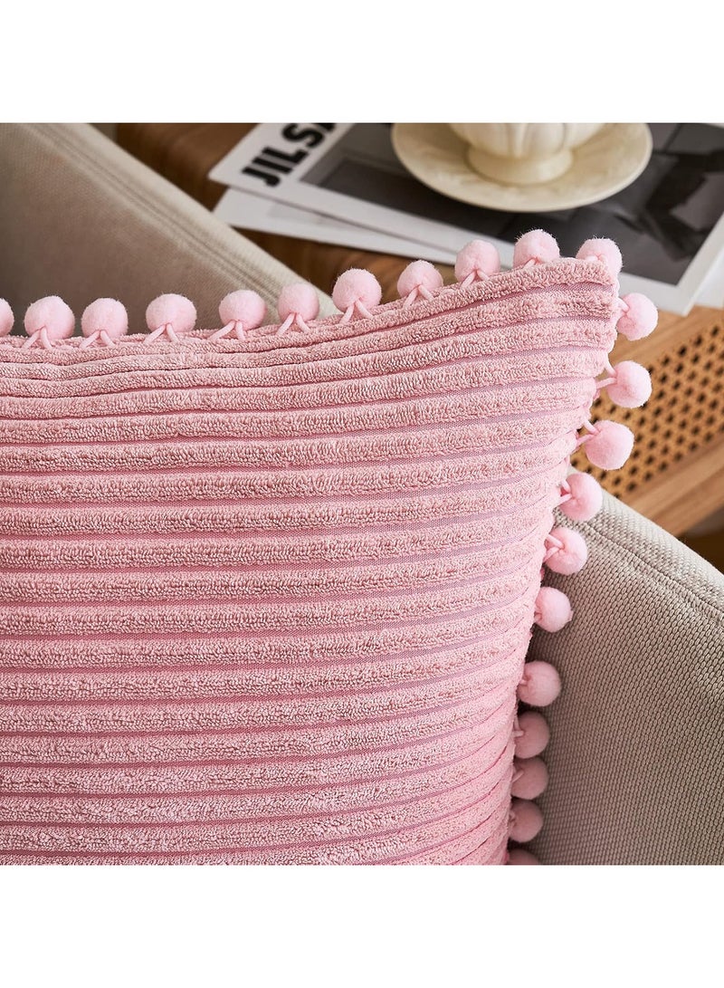 2 Pink Boho Decorative Pillowcases with Pom Pom Pillowcases 18x18 Corduroy Cushion Shells Cute Soft Square Pillow - Image 2