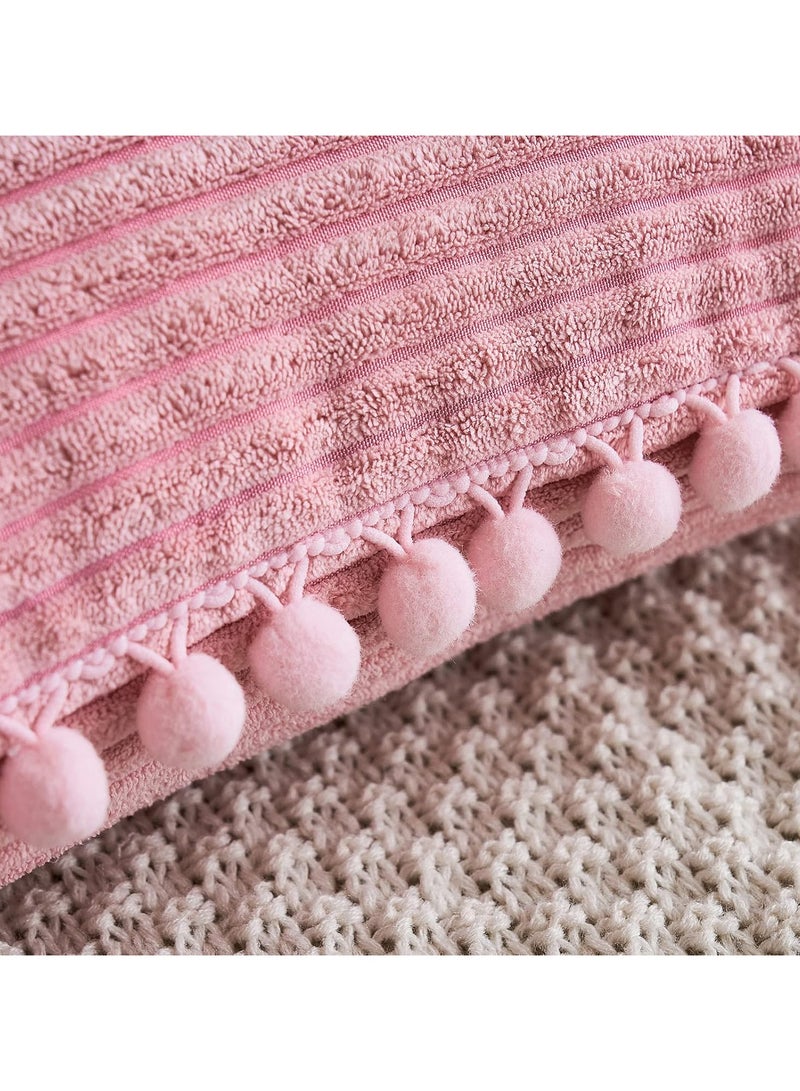 2 Pink Boho Decorative Pillowcases with Pom Pom Pillowcases 18x18 Corduroy Cushion Shells Cute Soft Square Pillow - Image 3