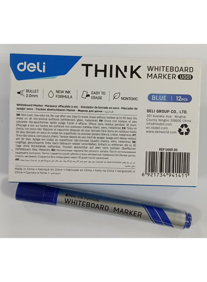 Deli U00130 Whiteboard Marker 2.0mm Blue 12 Pcs Bullet Tip - Image 1