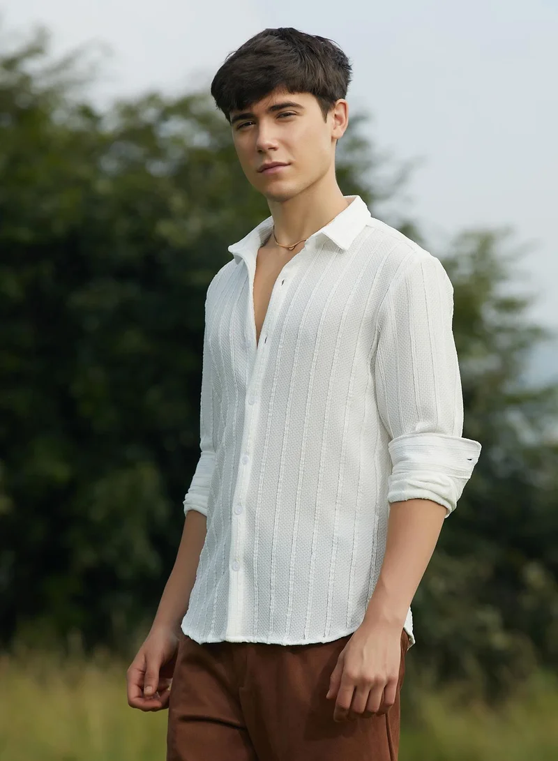 Campus Sutra Men's Daisy White Braille-Stripe Shirt