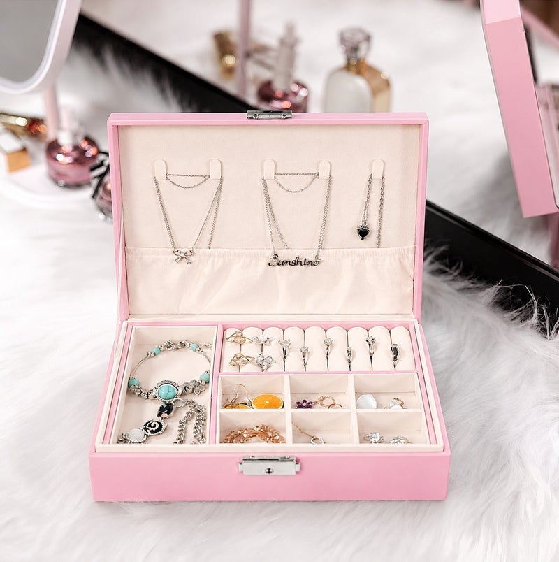 O2. Pink Jewelry Organizer Box with Multiple Compartments & Lock - Image 3
