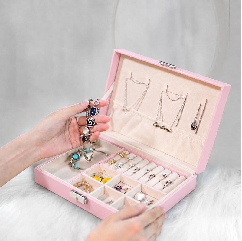 O2. Pink Jewelry Organizer Box with Multiple Compartments & Lock - Image 4