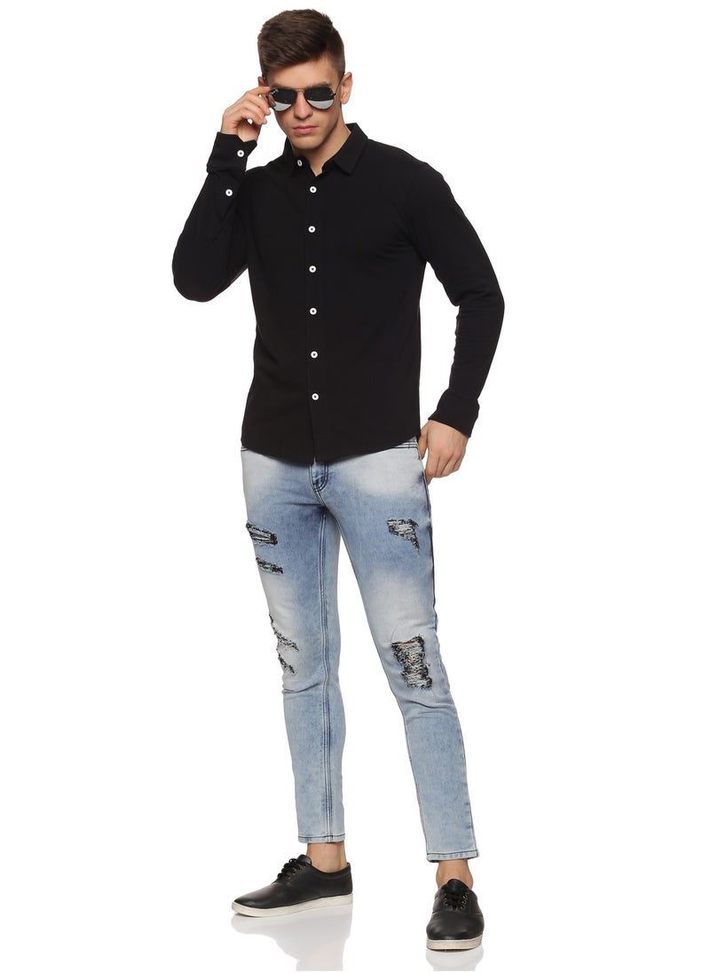 RSO Outfits Men's Cotton Solid Knitted Full Sleeves Shirt (Black)  - Image 3