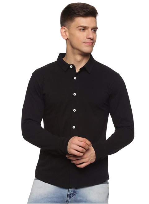 Men's Cotton Solid Knitted Full Sleeves Shirt (Black)