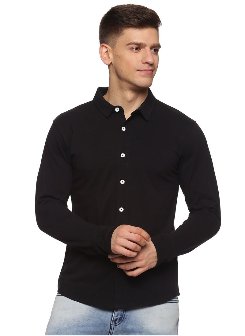 RSO Outfits Men's Cotton Solid Knitted Full Sleeves Shirt (Black)  - Image 1