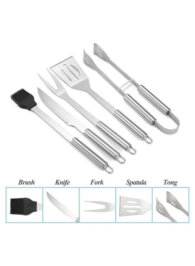 BJM BBQ Grill Tool Set, 5Pcs Stainless-steel with Knife Brush Fork Spatula and Tong with Oxford Bag - Image 2