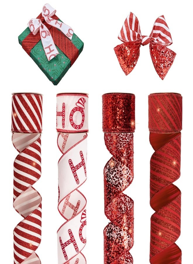 PAPER FAIR 4 Rolls 32 yd Red Glitter Candy Cane Christmas Wired Ribbon Set, 2.5 inch x 8yd Sequin Satin Burlap Ribbon for Xmas Tree Décor, Gift Wrap Box, Bows, Wreath, Garland, Floral DIY Craft - Image 1