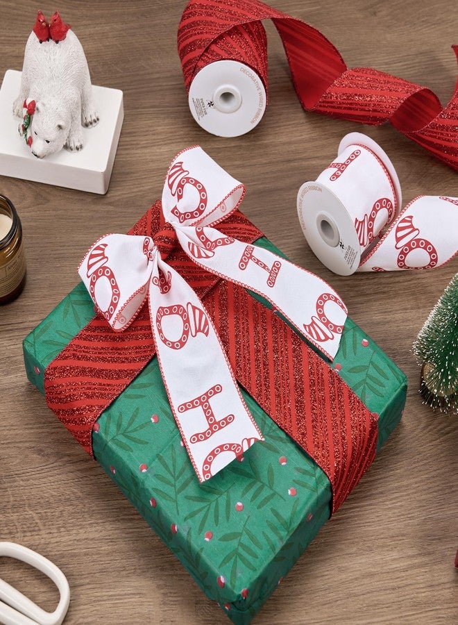 PAPER FAIR 4 Rolls 32 yd Red Glitter Candy Cane Christmas Wired Ribbon Set, 2.5 inch x 8yd Sequin Satin Burlap Ribbon for Xmas Tree Décor, Gift Wrap Box, Bows, Wreath, Garland, Floral DIY Craft - Image 4