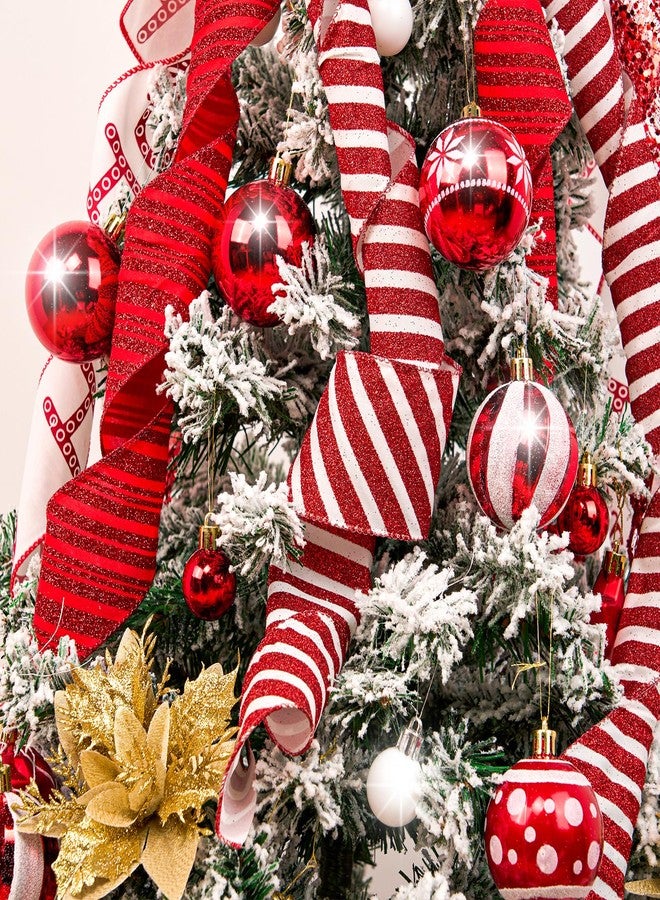PAPER FAIR 4 Rolls 32 yd Red Glitter Candy Cane Christmas Wired Ribbon Set, 2.5 inch x 8yd Sequin Satin Burlap Ribbon for Xmas Tree Décor, Gift Wrap Box, Bows, Wreath, Garland, Floral DIY Craft - Image 3