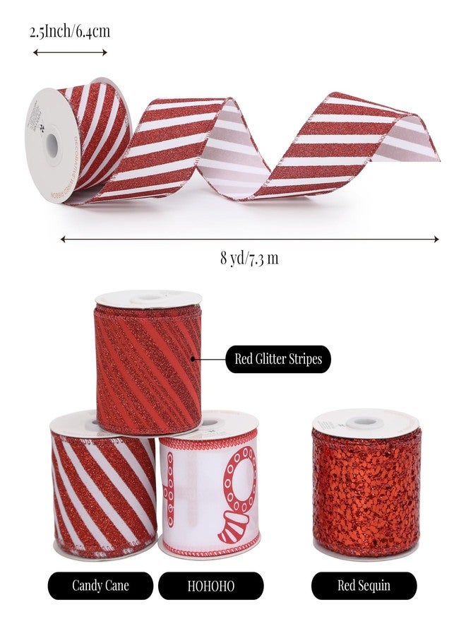 PAPER FAIR 4 Rolls 32 yd Red Glitter Candy Cane Christmas Wired Ribbon Set, 2.5 inch x 8yd Sequin Satin Burlap Ribbon for Xmas Tree Décor, Gift Wrap Box, Bows, Wreath, Garland, Floral DIY Craft - Image 5