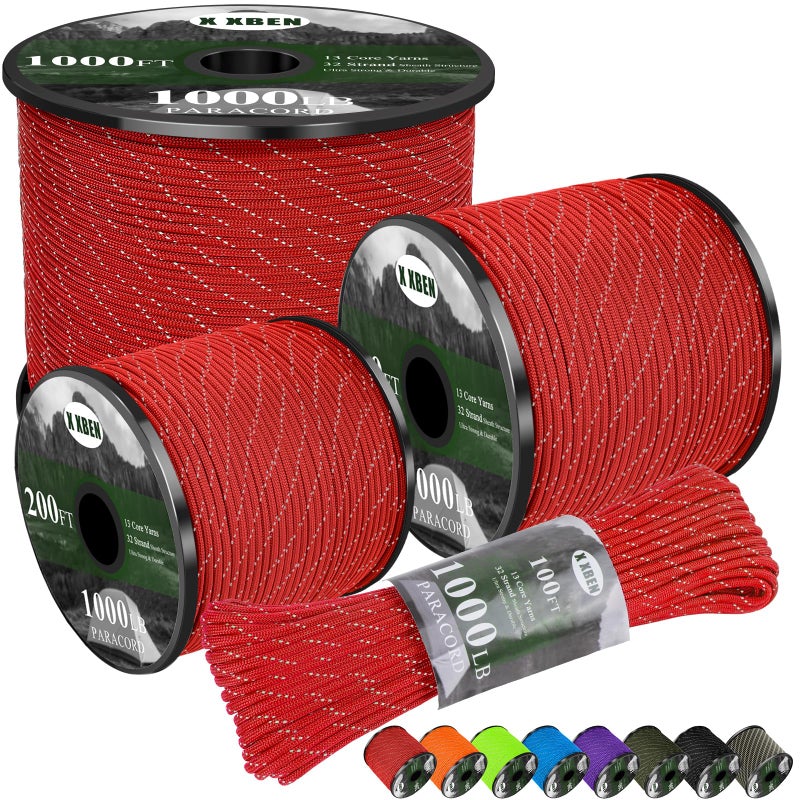 X XBEN Paracord Reflective 1000lb, 50/100/200/500/1000ft 4mm, 13 Strand Parachute Spool Cord, Heavy Duty Paracord Rope for Camping, Fishing, Hiking, Hunting, DIY Crafts, Red - Image 1