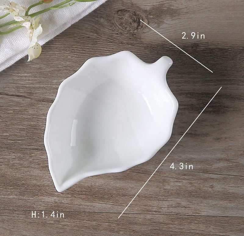 RockTrend Pure White Ceramic Seasoning Dish Soy Dipping Relief Sauce Bowl Appetizer Plate Set of 4Leaf - Image 2