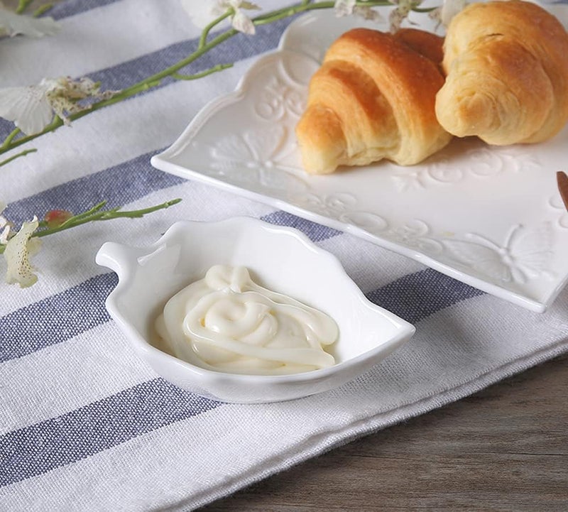 RockTrend Pure White Ceramic Seasoning Dish Soy Dipping Relief Sauce Bowl Appetizer Plate Set of 4Leaf - Image 4