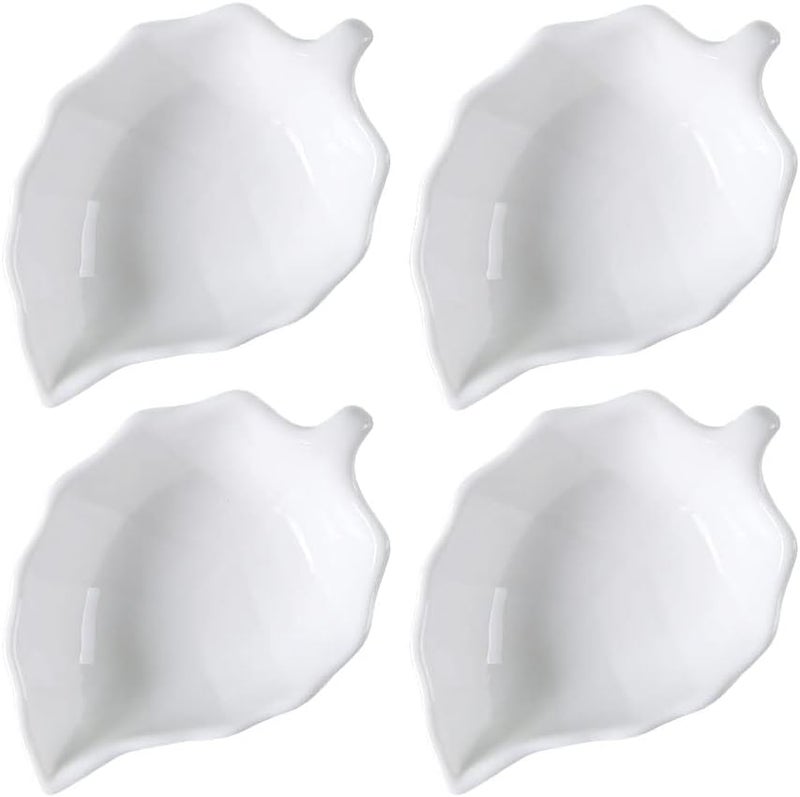 RockTrend Pure White Ceramic Seasoning Dish Soy Dipping Relief Sauce Bowl Appetizer Plate Set of 4Leaf - Image 1
