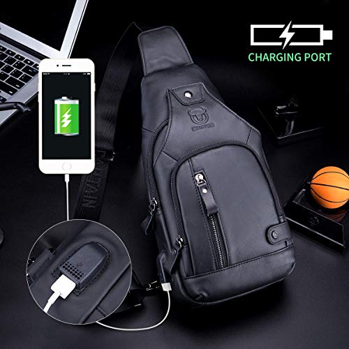 BULLCAPTAIN Genuine Leather Mens Sling Bag Multipurpose Travel Crossbody Chest Bag Daypacks with USB Charging Port (Black) - Image 5