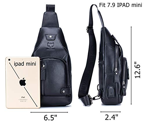 BULLCAPTAIN Genuine Leather Mens Sling Bag Multipurpose Travel Crossbody Chest Bag Daypacks with USB Charging Port (Black) - Image 2