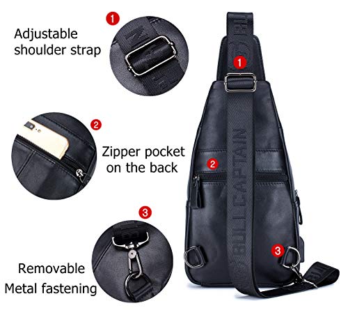 BULLCAPTAIN Genuine Leather Mens Sling Bag Multipurpose Travel Crossbody Chest Bag Daypacks with USB Charging Port (Black) - Image 4