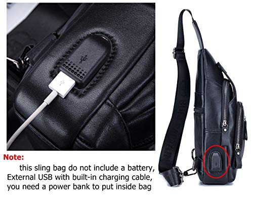 BULLCAPTAIN Genuine Leather Mens Sling Bag Multipurpose Travel Crossbody Chest Bag Daypacks with USB Charging Port (Black) - Image 3