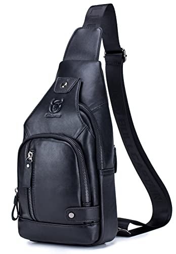 BULLCAPTAIN Genuine Leather Mens Sling Bag Multipurpose Travel Crossbody Chest Bag Daypacks with USB Charging Port (Black) - Image 1