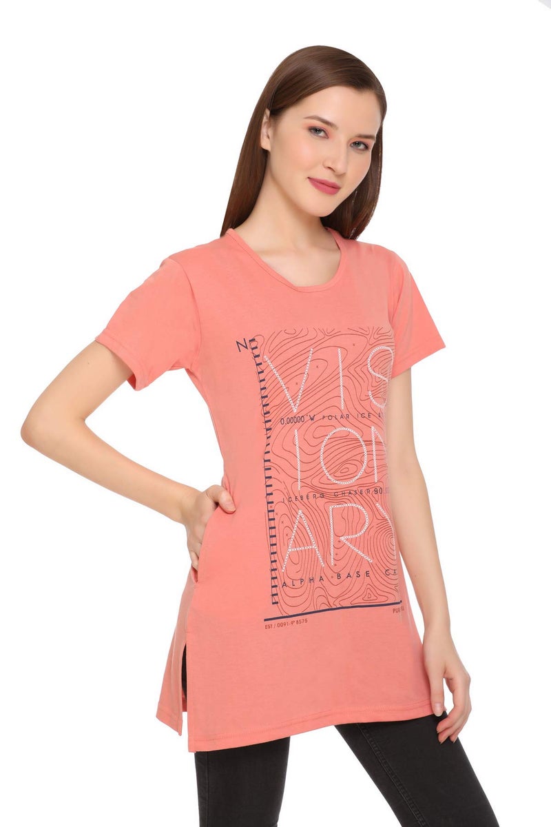 In Love Women Cotton Regular Fit Plus Size Cotton Mid Length Chest Print T-Shirt with Pocket,peach,2XL - Image 4