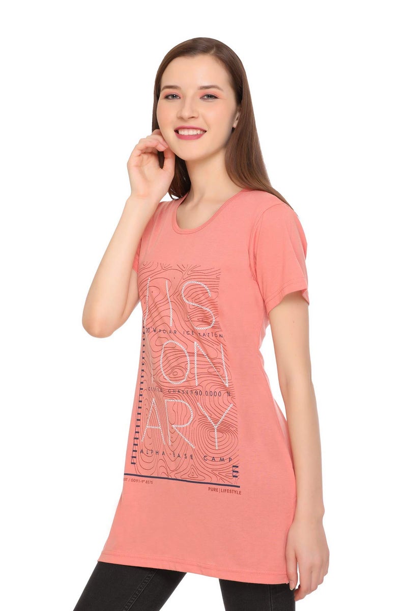 In Love Women Cotton Regular Fit Plus Size Cotton Mid Length Chest Print T-Shirt with Pocket,peach,2XL - Image 3