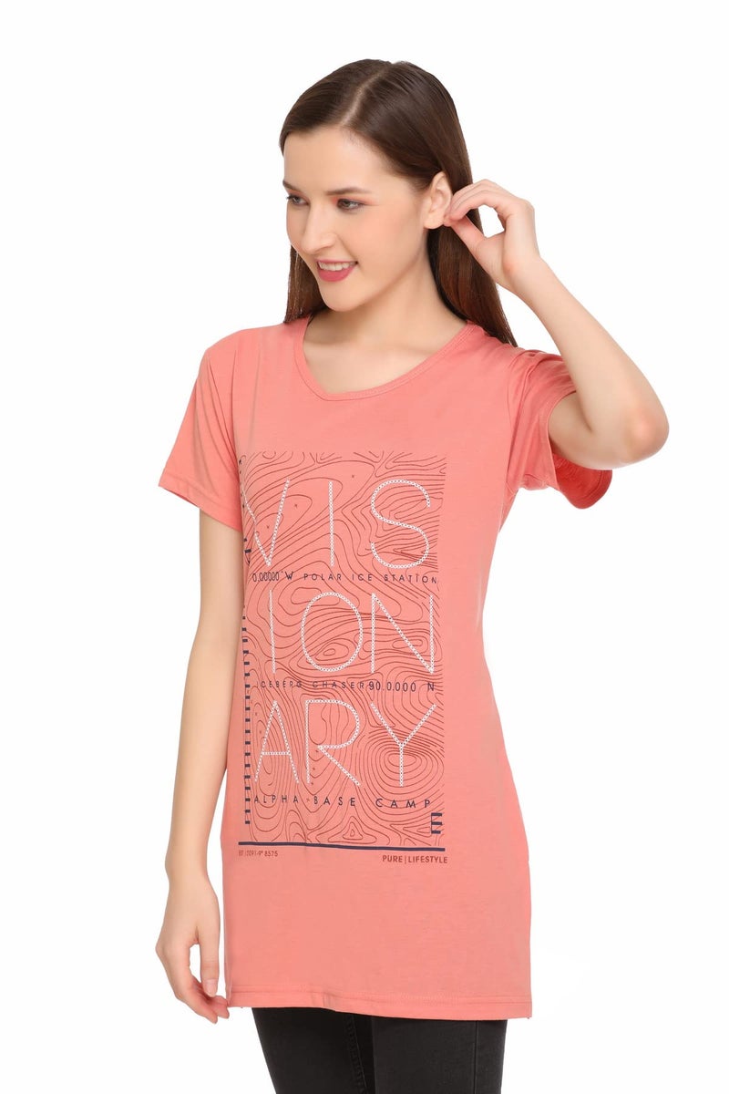 In Love Women Cotton Regular Fit Plus Size Cotton Mid Length Chest Print T-Shirt with Pocket,peach,2XL - Image 5