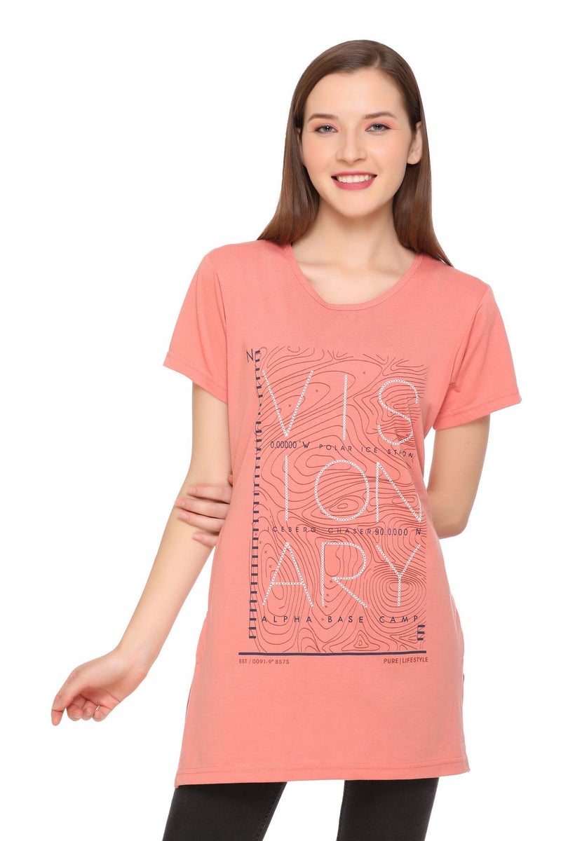 In Love Women Cotton Regular Fit Plus Size Cotton Mid Length Chest Print T-Shirt with Pocket,peach,2XL - Image 1