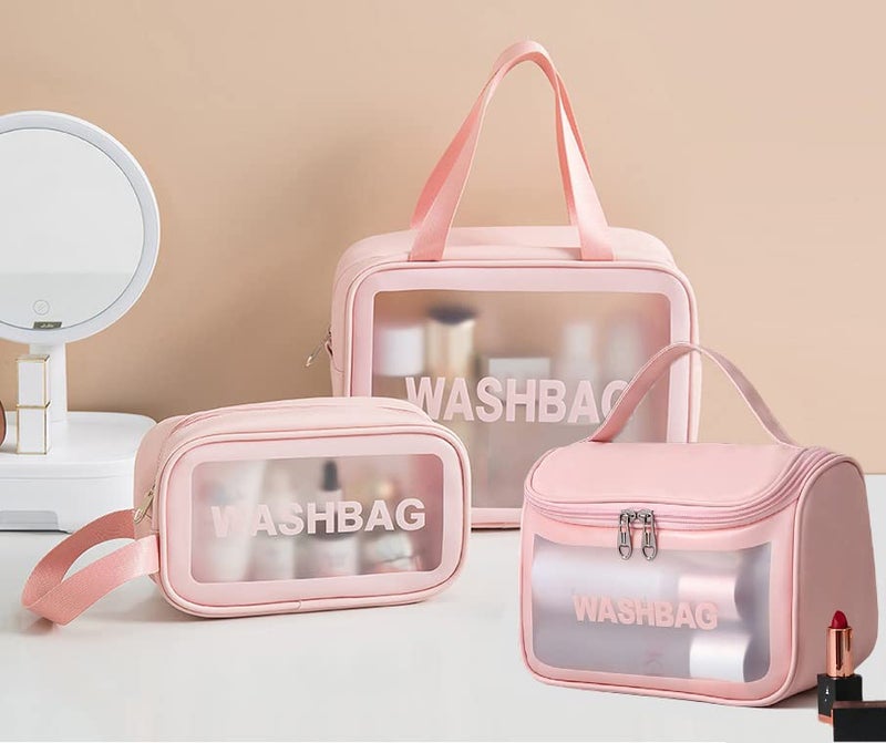 VALAMJI Multipurpose Clear PVC Zipper Cosmetic Travel Wash Bag Toiletry Makeup Brushes Accessories Organizer Portable Carry Bag Pouch for Women Girls Pack of 3 Pink - Image 2