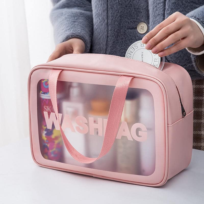 VALAMJI Multipurpose Clear PVC Zipper Cosmetic Travel Wash Bag Toiletry Makeup Brushes Accessories Organizer Portable Carry Bag Pouch for Women Girls Pack of 3 Pink - Image 5