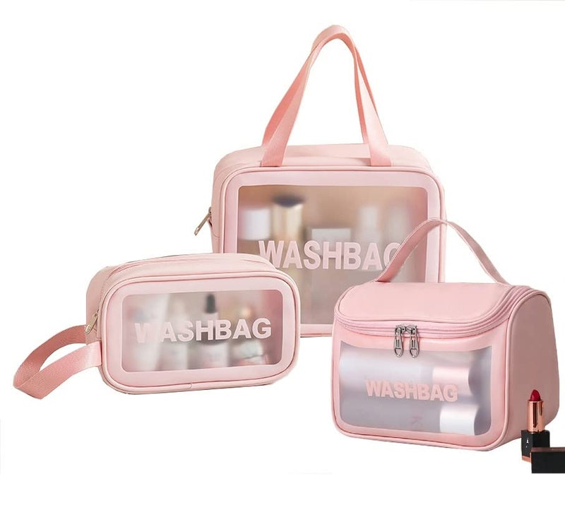 VALAMJI Multipurpose Clear PVC Zipper Cosmetic Travel Wash Bag Toiletry Makeup Brushes Accessories Organizer Portable Carry Bag Pouch for Women Girls Pack of 3 Pink - Image 1