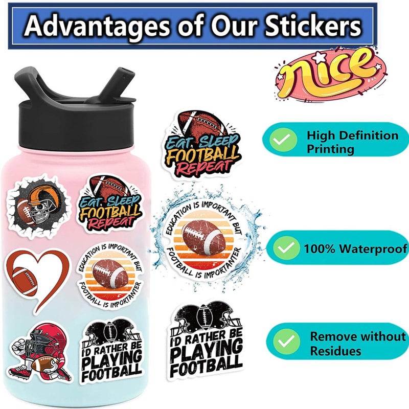 WANVAE 100pcs Football Stickers for Water Bottle, American Football Rugby Vinyl Waterproof Decal for Boy Teen Adult Laptop Phone Skateboard Guitar Luggage Notebook Helmet - Image 5