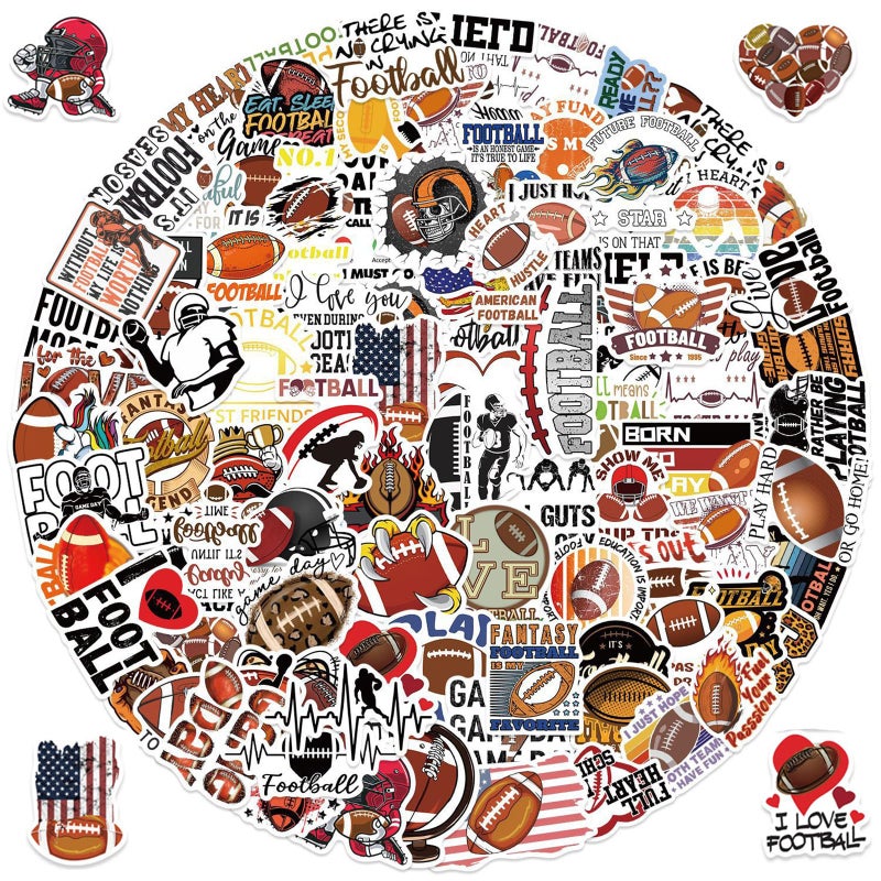 WANVAE 100pcs Football Stickers for Water Bottle, American Football Rugby Vinyl Waterproof Decal for Boy Teen Adult Laptop Phone Skateboard Guitar Luggage Notebook Helmet - Image 1