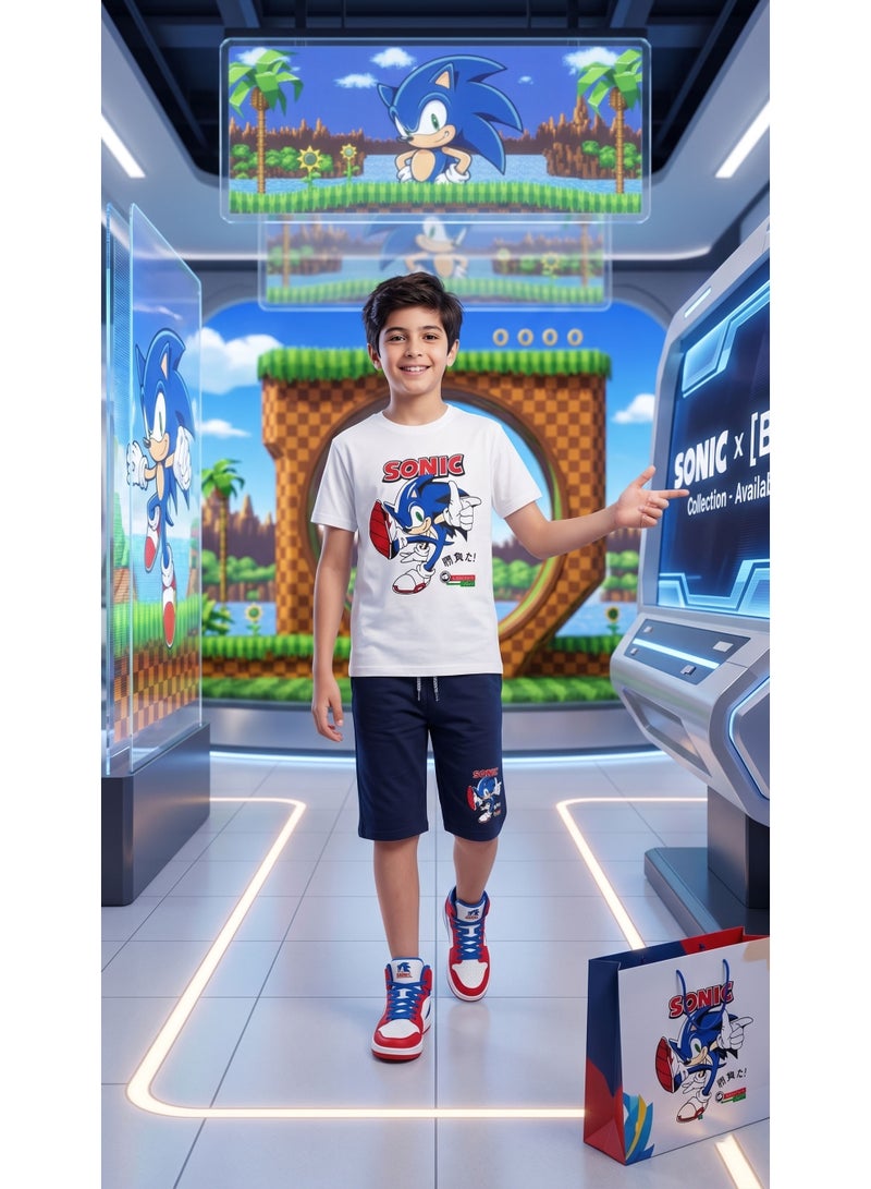 Boys' Sonic The Hedgehog T-Shirt & Shorts Set - White/Navy Blue