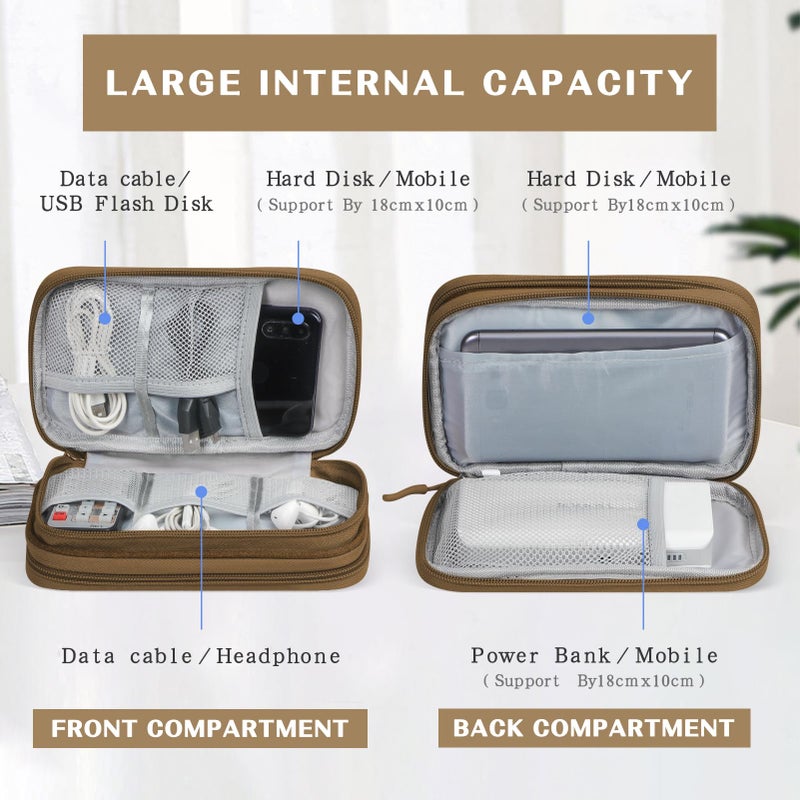 FYY Electronic Organizer, Travel Cable Organizer Bag Pouch Electronic Accessories Carry Case Portable Waterproof Double Layers All-in-One Storage Bag for Cable, Cord, Charger, Phone, Earphone Brown - Image 3