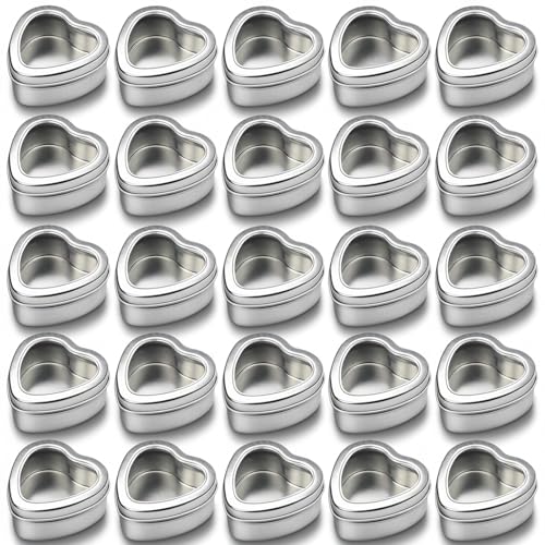 Thintinick 25-Pack 2oz Empty Heart Shaped Mini Metal Tins with Clear View Window Lids for Candle Making, Candies, Gifts & Treasures (Silver) - Image 1