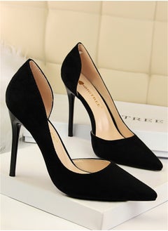 BIGTREE 10.5cm Simple Slim Heel Super High Heel Suede Shallow Mouth Pointy Side Hollow Shoes Black  - Image 2