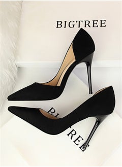 BIGTREE 10.5cm Simple Slim Heel Super High Heel Suede Shallow Mouth Pointy Side Hollow Shoes Black  - Image 1