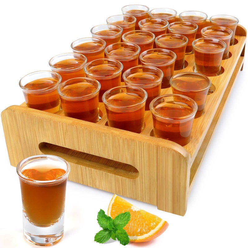 Supwinnet Shot Glasses Set of 24 Large Shot Glasses and Holder 1oz30ml Shot Glass Tray Stand Thick Base for Party Club Bar Home Tools Restaurant Kitchen Barware Glassware Drinking Spirit Tasting Gifts 