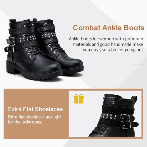 Vepose Women's Black Combat Lace up Ankle Boots, Motorcycle Booties, 919 Size 9 US - Moto Inside Zipper (CJY919 Black 09) - Image 5