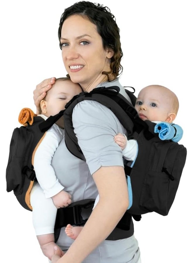 TwinGo حمالة الأطفال توينغو الأصلية (أسود، أزرق وبرتقالي) - حمالة مزدوجة قابلة للتعديل بالكامل وتنفصل إلى حمالتين فرديتين للرجال والنساء والتوائم والأطفال من 10-45 رطل - Image 1