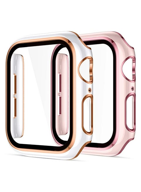 ELMO3EZZ PC 45mm Cover Compatible with Apple Watch Case Series 8/7 with Built-in Tempered Glass Screen Protector 45mm, Anti-Scratch Bumper for iWatch (45mm, White + Rose Gold Edge)