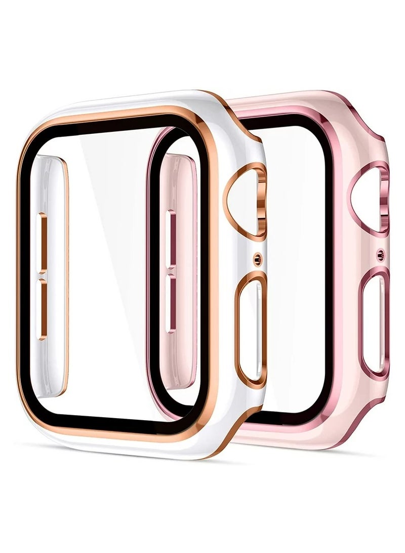 ELMO3EZZ PC 45mm Cover Compatible with Apple Watch Case Series 8/7 with Built-in Tempered Glass Screen Protector 45mm, Anti-Scratch Bumper for iWatch (45mm, White + Rose Gold Edge)