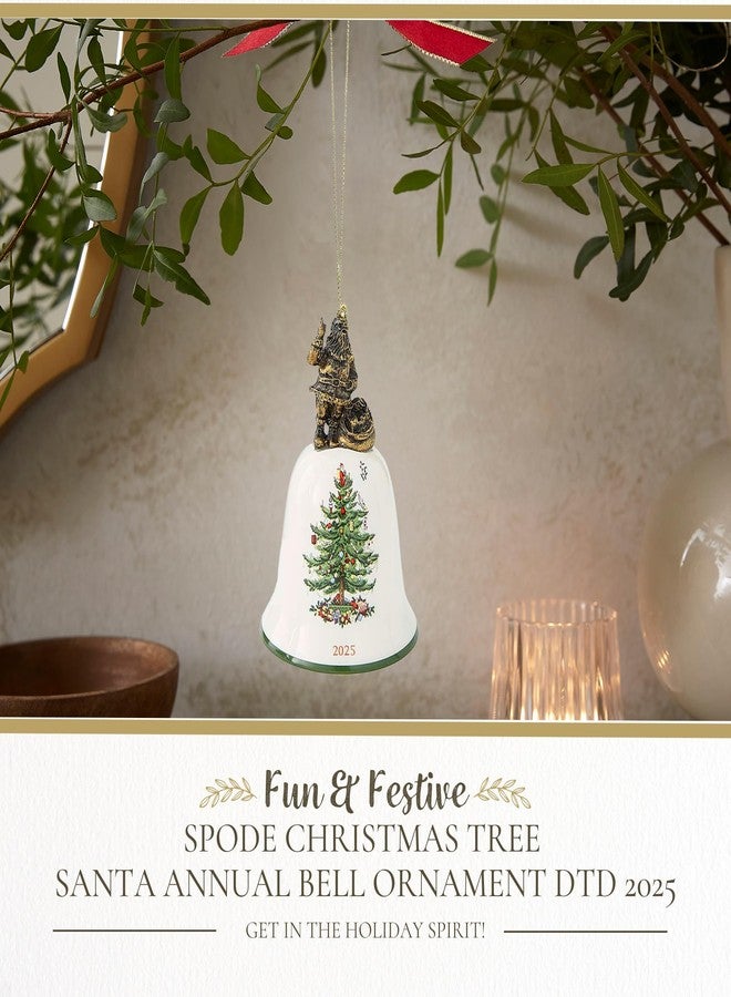 Spode Christmas Tree Holiday Santa Bell Ornament 2025 - Bell-Shaped Christmas Tree Decoration with Gold-Colored Santa Figurine & Present Sack, Dolomite Gift Box - Festive Seasonal Décor Accent - Image 2