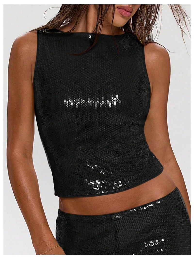 MakeMeChic Women's Sparkly Sequin Tops Y2k Sleeveless Crop Going Out Rave Tops Clubwear Black Small - Image 2