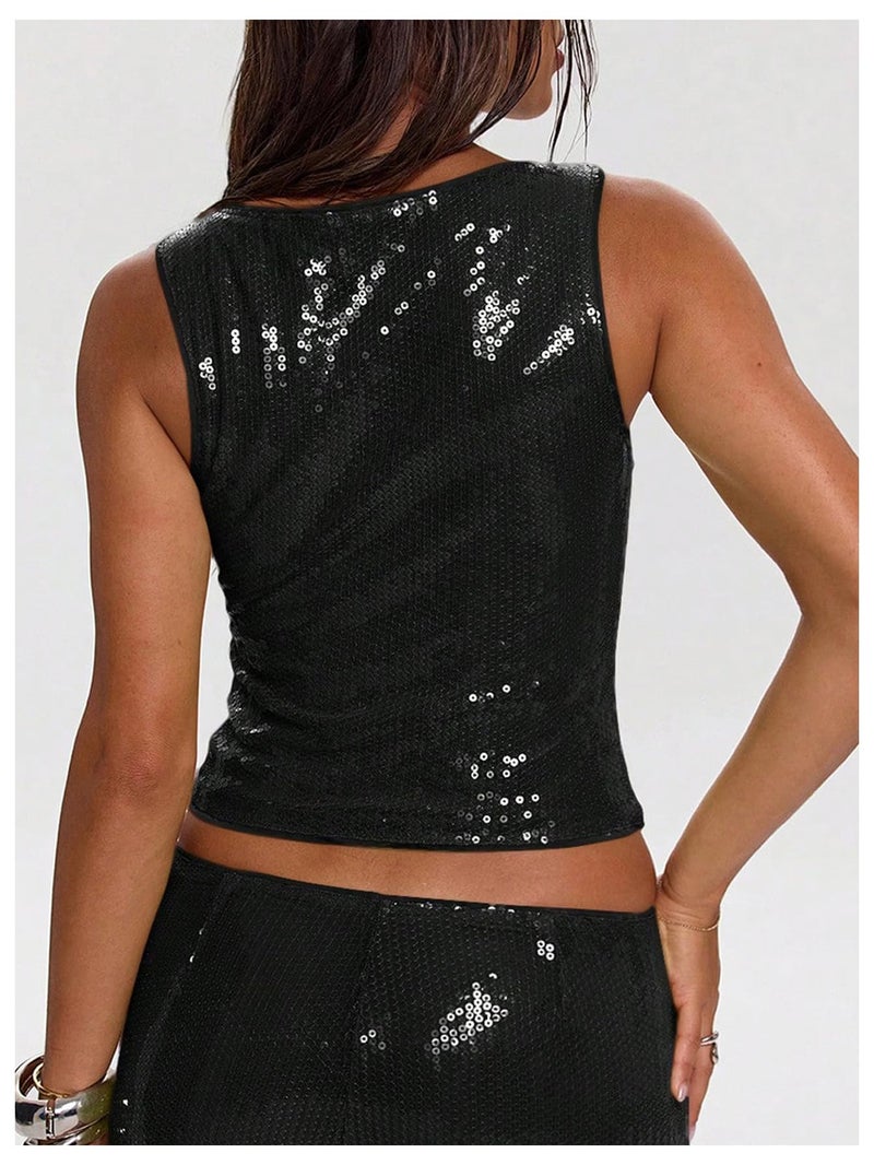 MakeMeChic Women's Sparkly Sequin Tops Y2k Sleeveless Crop Going Out Rave Tops Clubwear Black Small - Image 4