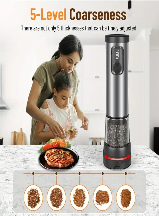 AROAQ Stainless Steel Electric Pepper Salt Grinder with LED Display, Combination Base and USB Charging, Adjustable Coarseness, Large Capacity Pepper Salt Grinder, Ideal for Kitchen, Restaurant, and Outdoor Use - Image 3