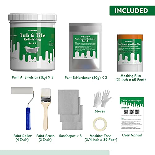 NADAMOO Tub and Tile Refinishing Kit (3kg / 105 oz, with tools, White), DIY Bathtub Sink Countertop Paint Resurface Kit for Bathroom Kitchen Porcelain Fiberglass, Semi-gloss - Image 2